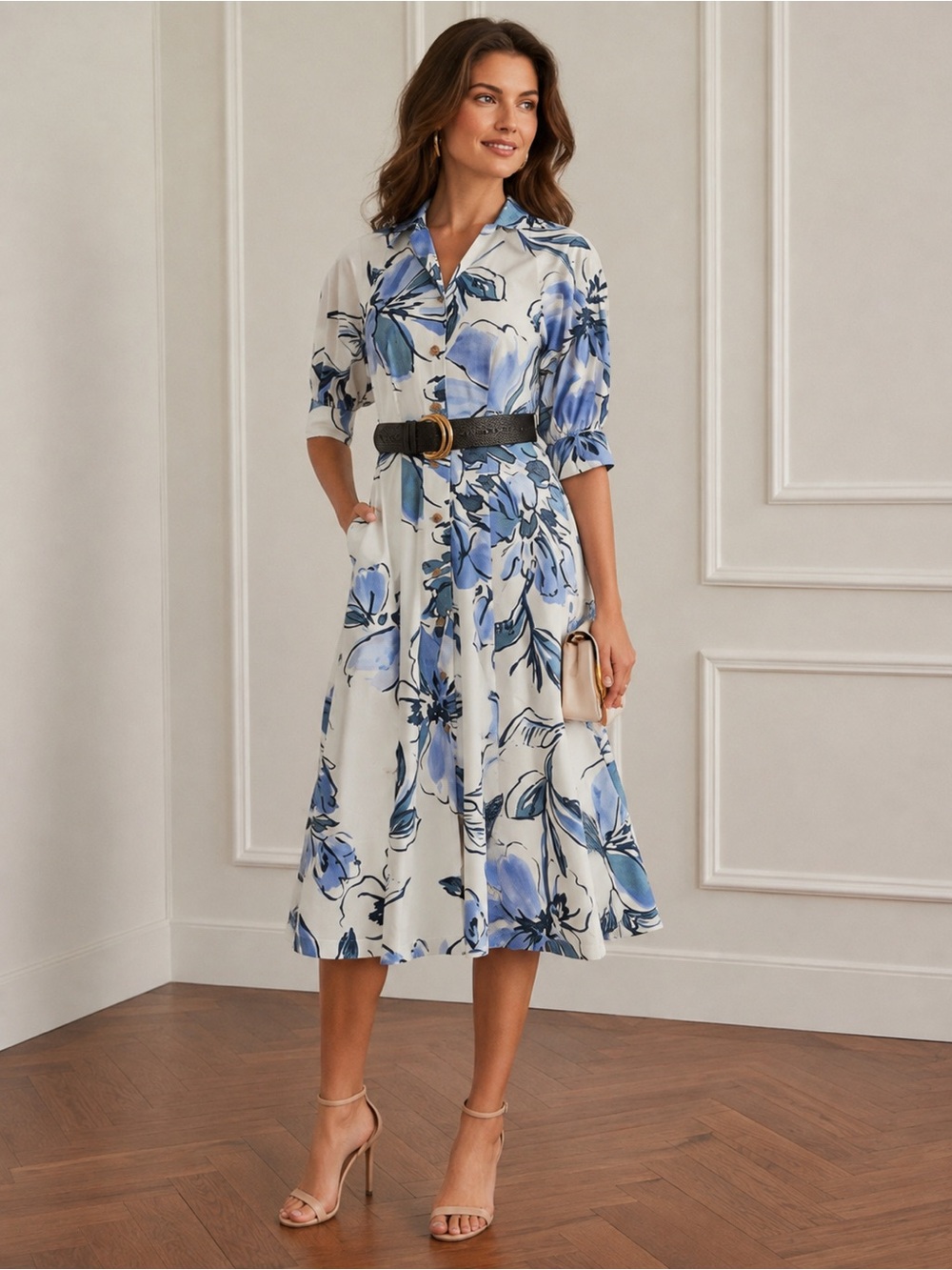 NWT Donna Karan NY Spread Collar Floral Midi Shirt Dress, 4, Tempest Multi, $199